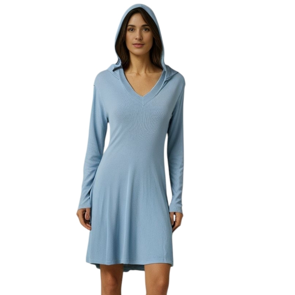 PJ Harlow Hooded Night Dress Women Large Blue Cotton Lounge Sleepwear - Picture 3 of 12